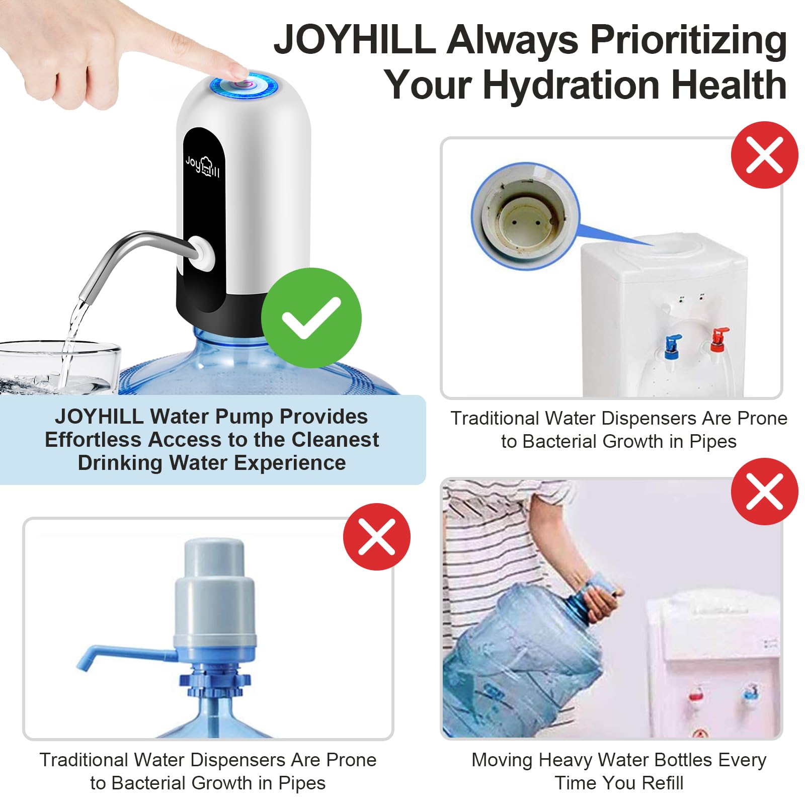 JOYHILL 5 Gallon Water Bottle Dispenser, USB Charging Water Bottle Pump, Portable Water Dispenser Pump for Camping