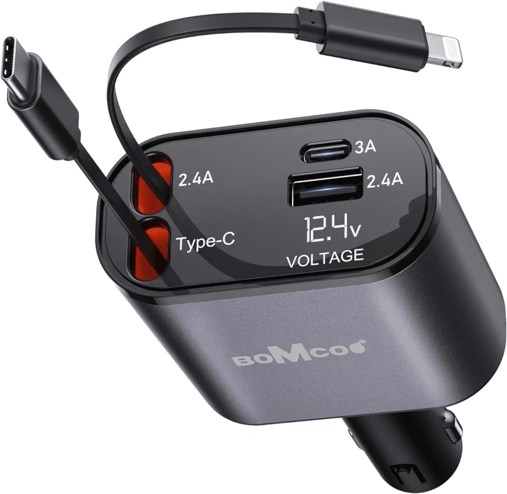 Retractable Car Charger, 120 W, 4 in 1 Super Fast Charge (31.5 inch) with 2 USB Ports for iPhone 15 / 14 / 13 / 12 Pro Max XR, iPad, Samsung, Pixel