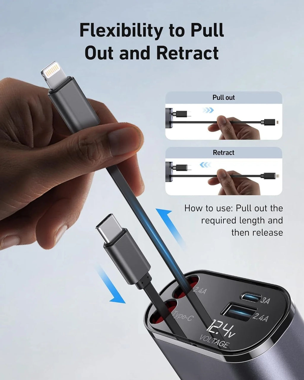 Retractable Car Charger, 120 W, 4 in 1 Super Fast Charge (31.5 inch) with 2 USB Ports for iPhone 15 / 14 / 13 / 12 Pro Max XR, iPad, Samsung, Pixel